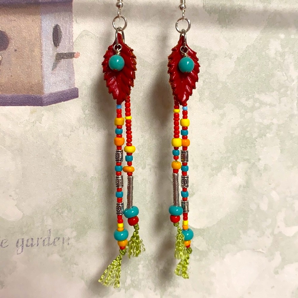 NWOT Super long multicolored earrings beads silk - Picture 2 of 5